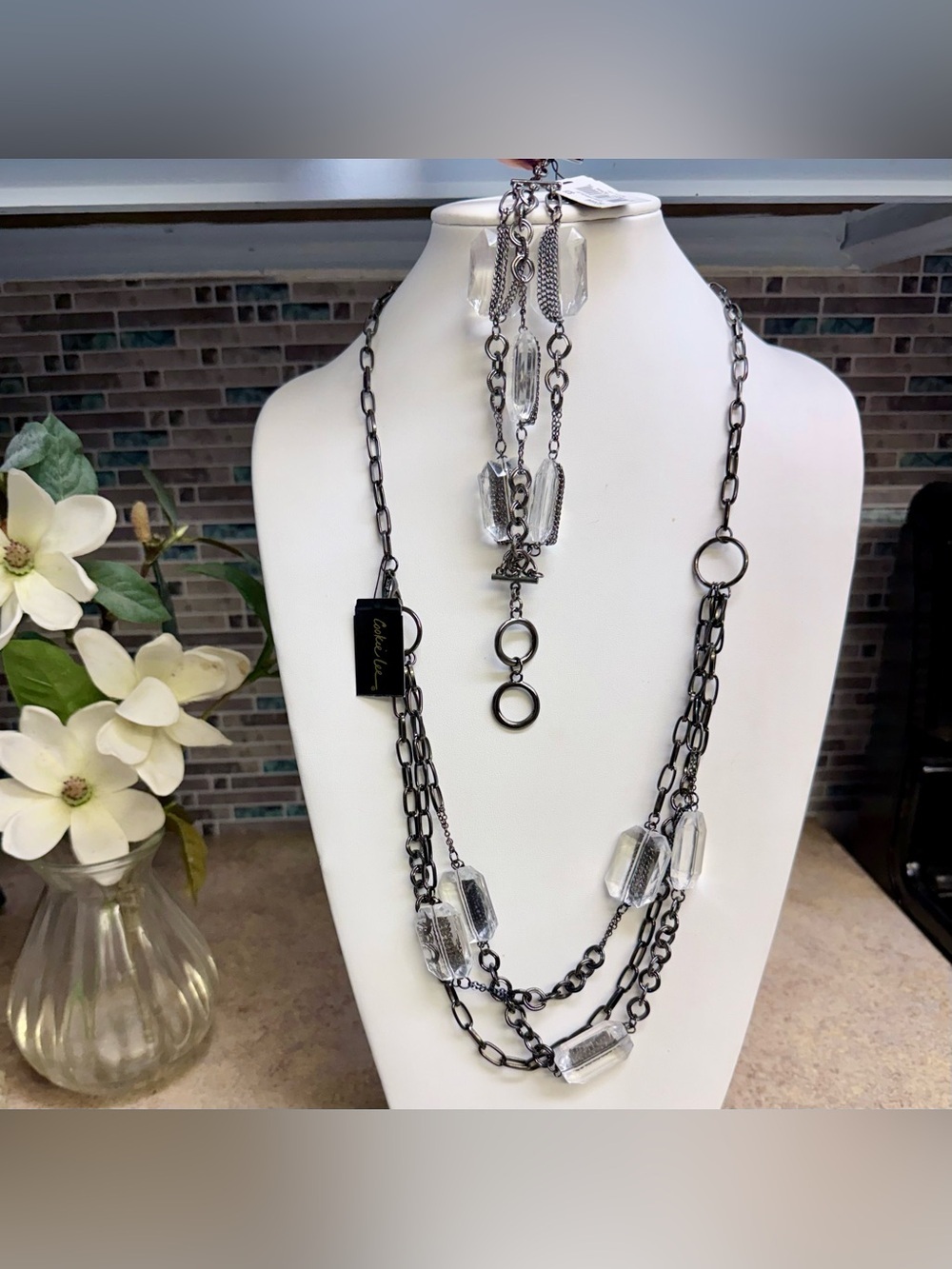 NWT Cookie Lee Gunmetal Chain Necklace Bracelet Set Clear Crystals